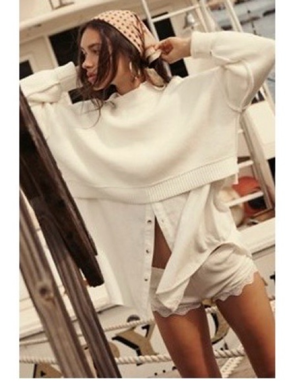 Free People Cream Ribbed Cropped Crew Sweater